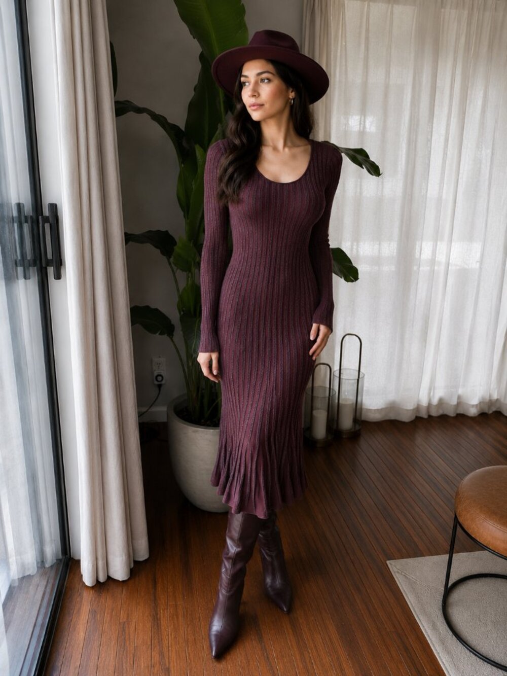 Max Studio Burgundy & Gray Ribbed Knit Midi Dress – Size XS